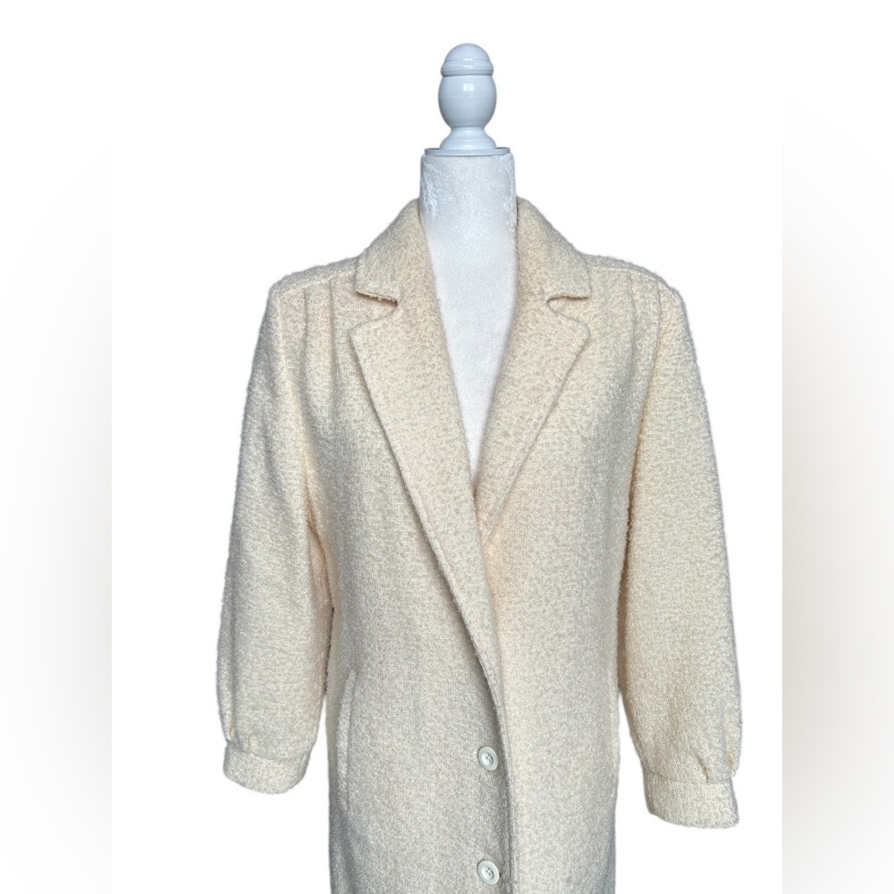 Wool blend Vintage Women's Cream Bouclé Long Trench Coat - S - M - Picture 4 of 11